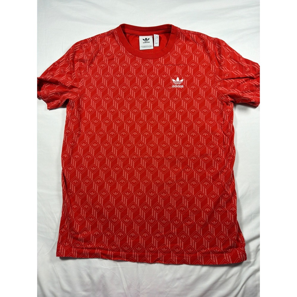 Adidas Originals Mens Red Monogram Trefoil Geometric Print T-Shirt Size S